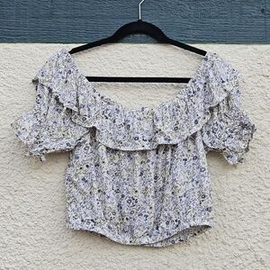 American Eagle ruffled off the shoulder crop top ivory floral large